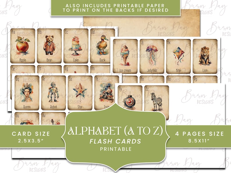Vintage Alphabet Flash Cards A to Z: Printable ABC (digital Download