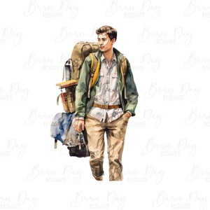 May include: A watercolor illustration of a person wearing a green jacket and khaki pants, carrying a large backpack with a variety of items, including books and a blue bag.