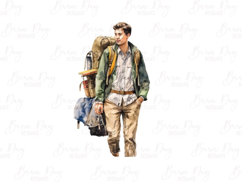 May include: A watercolor illustration of a person wearing a green jacket and khaki pants, carrying a large backpack with a variety of items, including books and a blue bag.