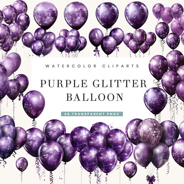 49 Purple Glitter Balloon Clipart Bundle, Instant Download, Sublimation Designs, Digital Download, printable wall art, Digital Print