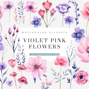 143 Pacote de clipart aquarela violeta rosa roxo flores, designs de sublimação, download instantâneo de clipart aquarela