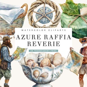 Paquete de 29 imágenes prediseñadas de acuarela de rafia azul para sublimación, descarga digital, impresiones digitales, imágenes prediseñadas de acuarela, impresión artística