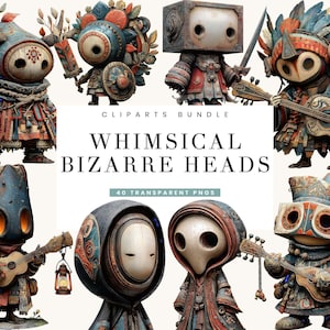May include: A digital art bundle featuring whimsical, bizarre heads in various styles. The image includes several figures with unique designs, some holding instruments or weapons. Text on the image reads "CLIPARTS BUNDLE" and "WHIMSICAL BIZARRE HEADS" with "40 TRANSPARENT PNGS" below.