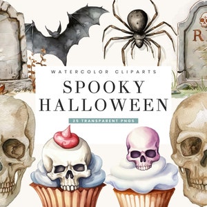 25 Watercolor Spooky Halloween Clipart Bundle Sublimation Designs Digital Download, Digital Prints Instant Download, Halloween PNG Files