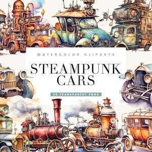 26 Watercolor Steampunk Cars Clipart Bundle, Commercial Use, Digital Download, Instant Download, Printable Art