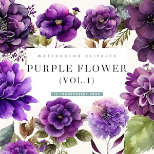 12 Aquarell lila Blume Clipart Bundle Sublimation Designs digitaler Download Png-Dateien, violette Rosen Blume Designs sofortiger Download