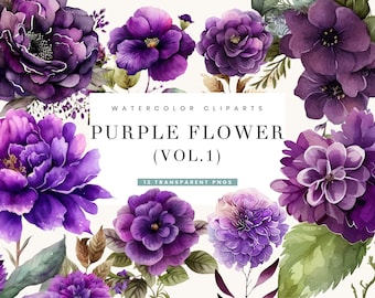 12 Watercolor Purple Flower Clipart Bundle Sublimation Designs Digital Download Png Files, Violet Roses Flower Designs Instant Download