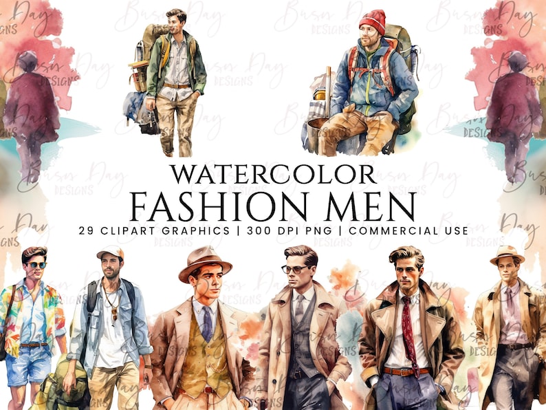 May include: Watercolor illustrations of men wearing various outfits, including a blue jacket with a red hat, a brown jacket with a vest, and a blue shirt with a necklace. The illustrations are set against a watercolor background with the text "WATERCOLOR FASHION MEN 29 CLIPART GRAPHICS | 300 DPI PNG | COMMERCIAL USE".