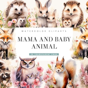 20 Watercolor Mama and Baby Woodland Animal Clipart Bundle Sublimation Designs Digital Download, Watercolor Clipart Png File