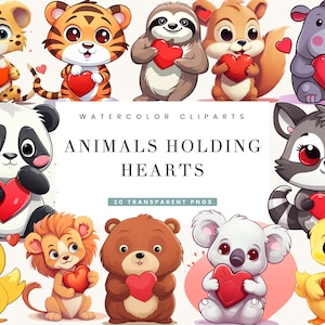 20 Aquarell Tiere halten Herz Clipart Sublimation Designs digitaler Download, Sofort Download, Digitaldruck, Png Designs