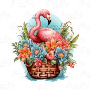 Peut inclure: Un flamant rose perch&eacute; dans un panier tiss&eacute; rempli de fleurs color&eacute;es, notamment des fleurs orange, rouges et bleues. Le panier est entour&eacute; d'une v&eacute;g&eacute;tation luxuriante.