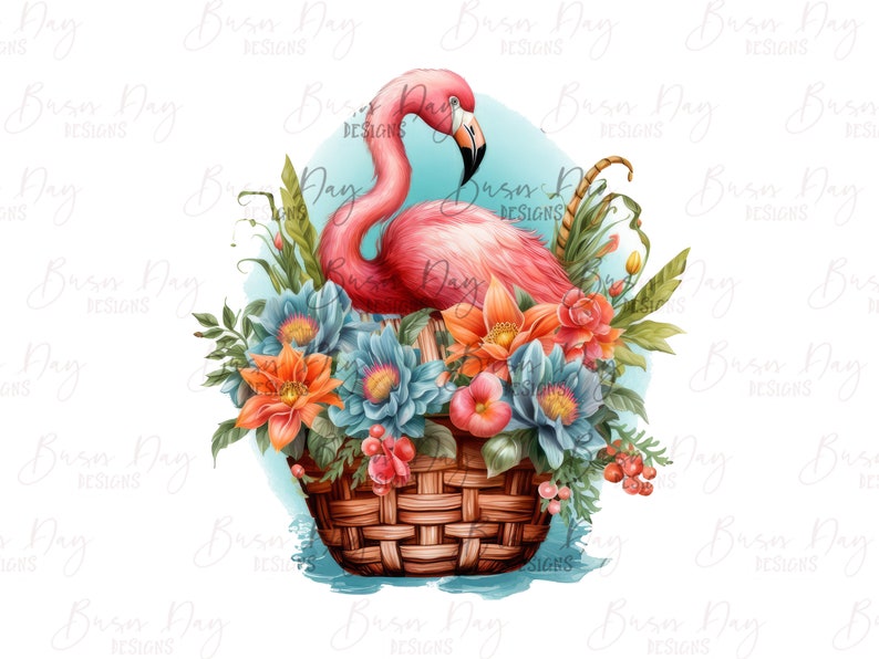 Peut inclure: Un flamant rose perch&eacute; dans un panier tiss&eacute; rempli de fleurs color&eacute;es, notamment des fleurs orange, rouges et bleues. Le panier est entour&eacute; d'une v&eacute;g&eacute;tation luxuriante.