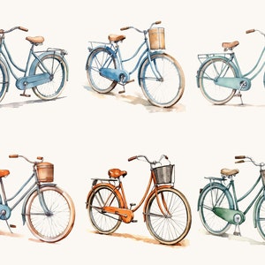 May include: Six vintage bicycles with wicker baskets, painted in shades of blue, green, and orange. The bicycles have brown leather seats and handlebars.