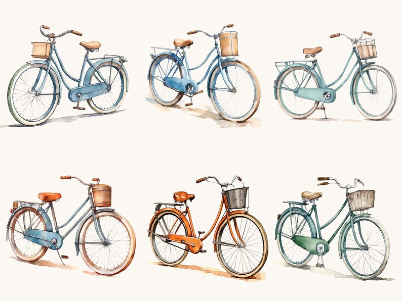 May include: Six vintage bicycles with wicker baskets, painted in shades of blue, green, and orange. The bicycles have brown leather seats and handlebars.