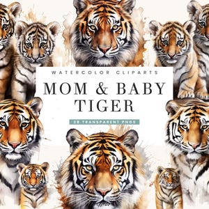28 Watercolor Mom and Baby Tiger Clipart Bundle Sublimation Designs Digital Download, Digital Prints Instant Download, Printable Wall Art