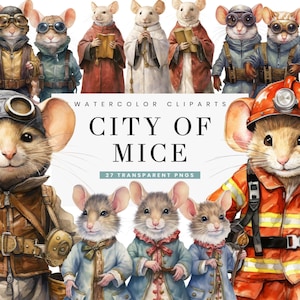27 aquarelle ville de souris Clipart Bundle Sublimation designs téléchargement numérique, impressions numériques téléchargement immédiat, dessins Png