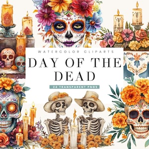 24 akvarell Day of the Dead Clipart Bundle Sublimeringsdesigner Digital Nedladdning, Digitala Tryck, Digital Konst, Mexikansk Folkkonst PNG-filer