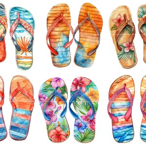 May include: Ten pairs of colorful flip-flops with various patterns, including floral, striped, and geometric designs. The flip-flops are all watercolor illustrations.