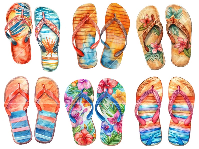 May include: Ten pairs of colorful flip-flops with various patterns, including floral, striped, and geometric designs. The flip-flops are all watercolor illustrations.