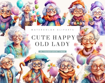 29 Watercolor Cute Happy Old Lady Clipart Bundle, Digital Download, Sublimation Designs, Digital Clipart Commercial Use