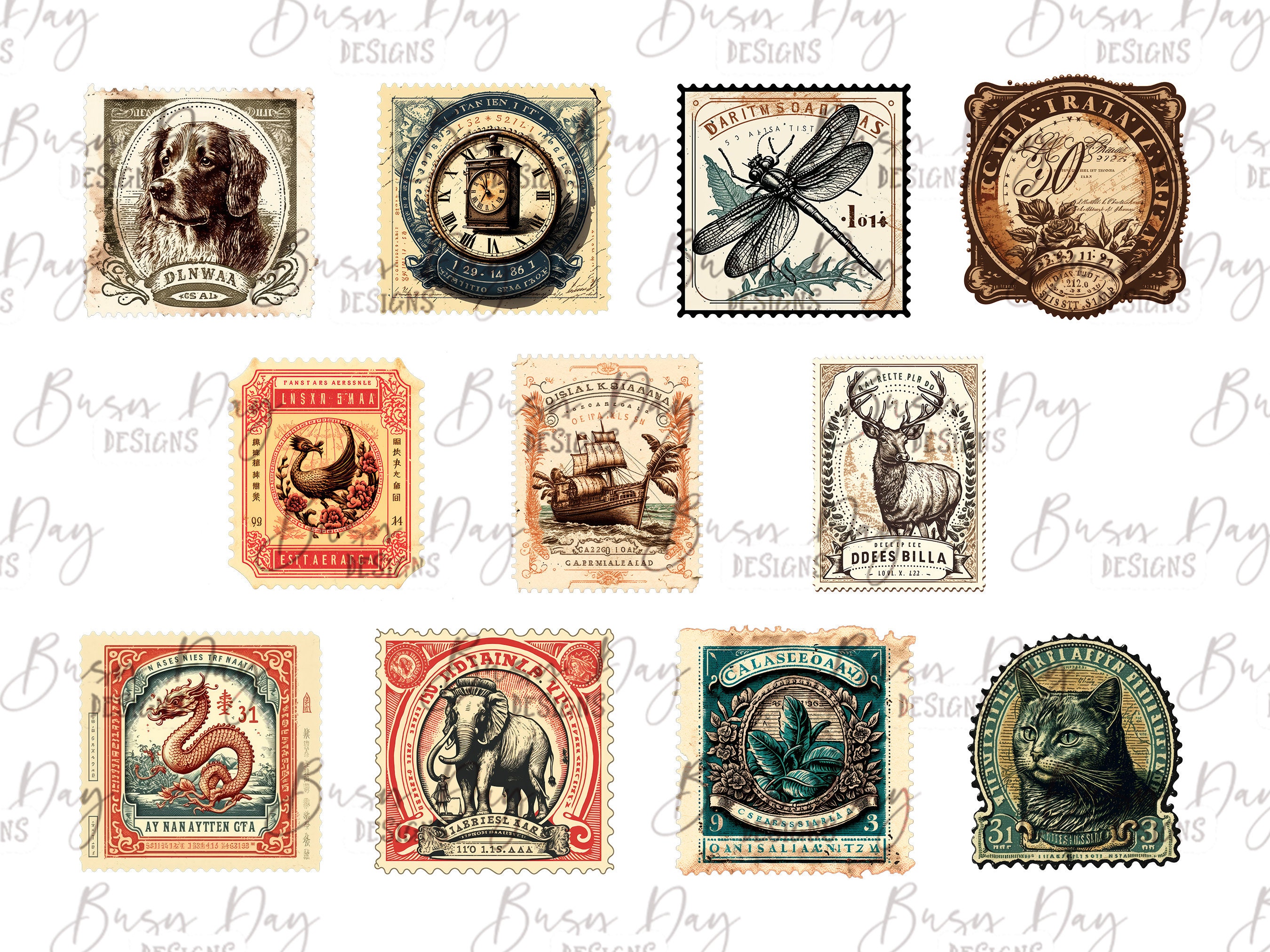 コレクション ANTIQUE STAMPS/POSTCARDS 44 Old Postage Stamps - Digital Scan - Instant Download for