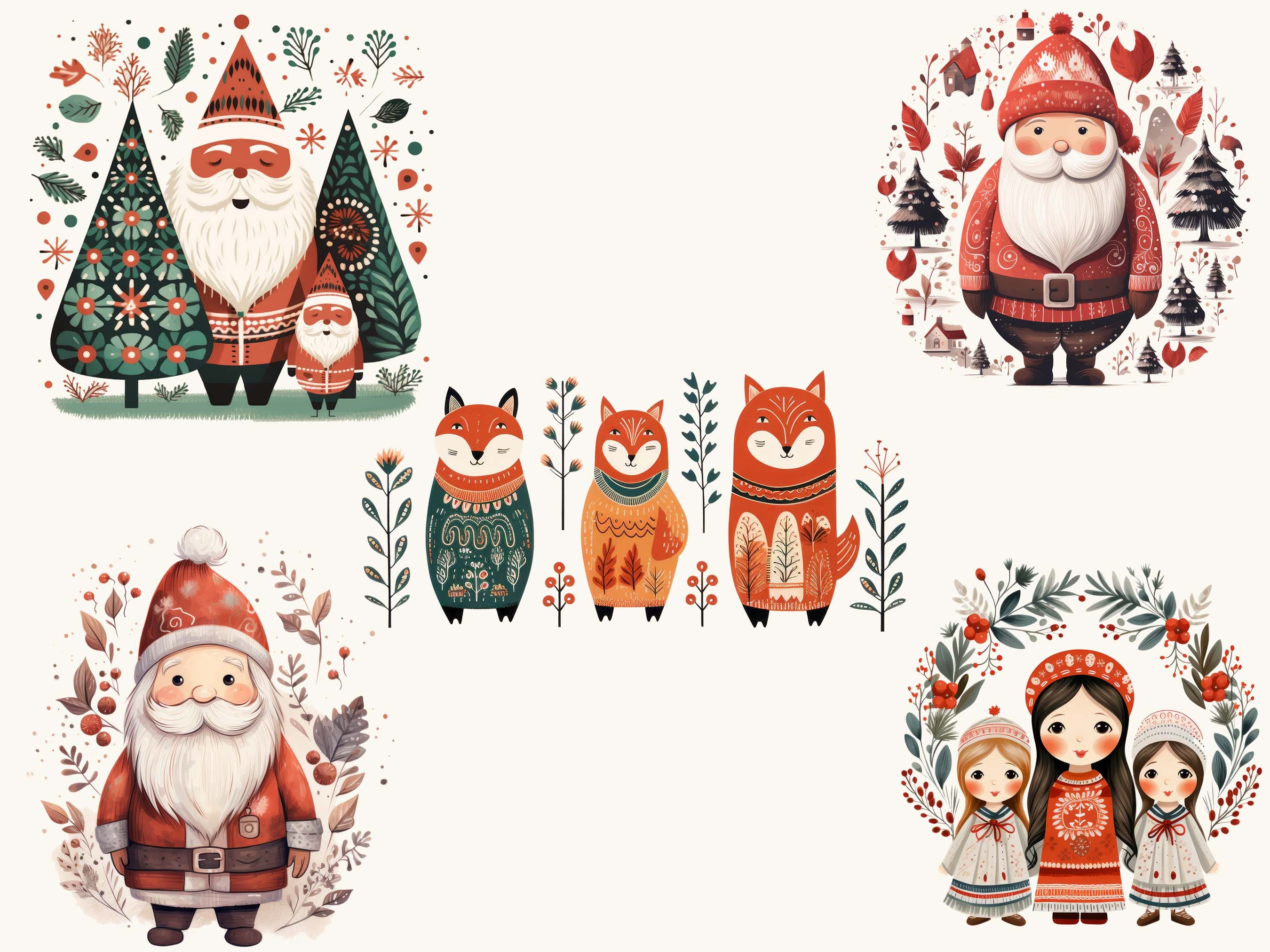 15 Scandinavian Folk Art Christmas Clipart Bundle Digital