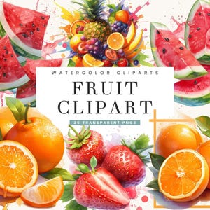 Paquete de 25 diseños de sublimación de frutas en acuarela (descarga digital, impresiones digitales instantáneas, archivos PNG de frutas)