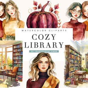 30 akwarelowych przytulnych bibliotek clipartów pakiet sublimacji projekty cyfrowe do pobrania, wydruki cyfrowe natychmiastowe do pobrania, pliki PNG projekty