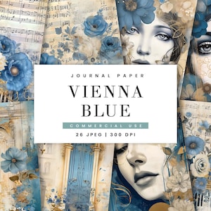 26 Blue Vienna Junk Journal Paper Pack Download digitale Disegni di sublimazione Carta stampabile, Carta vintage Vecchia carta, Stampe digitali