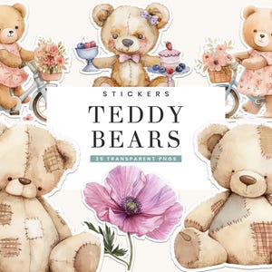 25 Teddy Bear Fussy Cut Journal Stickers Pack Sublimation Designs Digital Download, Digital Prints Instant Download, Teddy Bear PNG Files