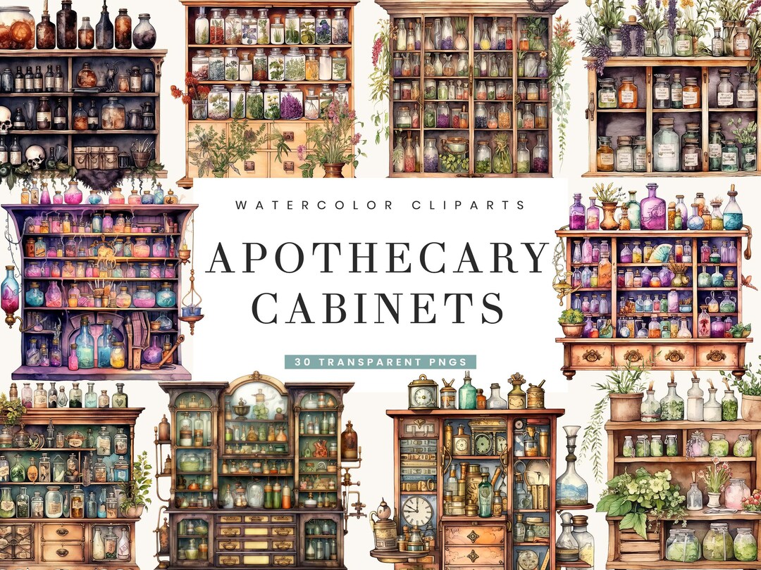 Watercolor Apothecary Cabinets Clipart Bundle: 30 PNG Designs (digital ...