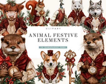 May include: A collection of digital clipart featuring animals dressed in festive red velvet Victorian-style clothing, including a highland cow, squirrel, peacock, fox, wolf, otters, and a corgi, with the text CLIPART ANIMAL FESTIVE ELEMENTS.