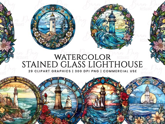 Watercolor Stained Glass Lighthouse Clipart Bundle (Digital Download)