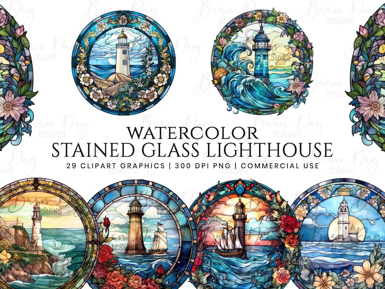 May include: A set of 29 watercolor stained glass lighthouse clipart graphics. The graphics feature lighthouses with waves, flowers, and ships. The graphics are 300 DPI and are for commercial use.