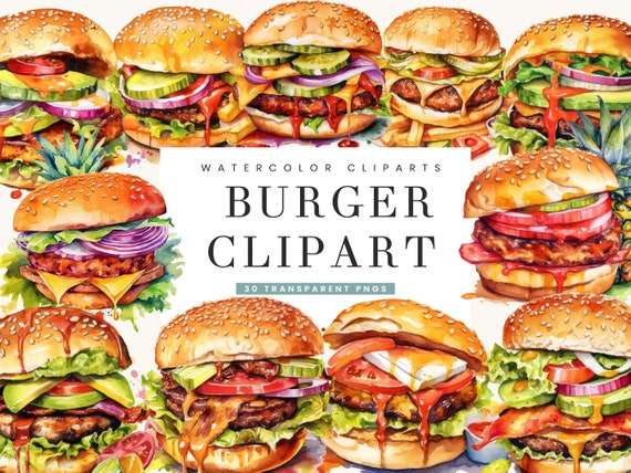 Watercolor Burger Clipart Bundle: 30 PNG Designs (Digital Download)