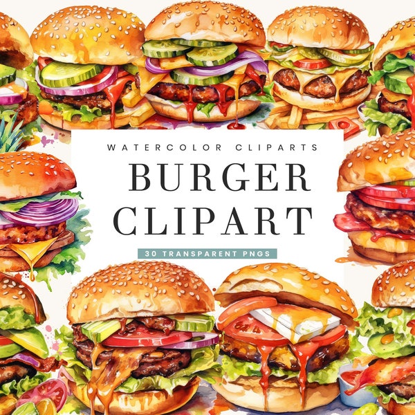 30 Watercolor Burger Clipart bundle , watercolor clipart, digital download, instant download, digital prints, commercial use