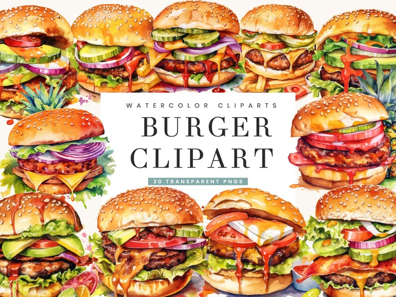 Op de afbeelding: Waterverf clipart van 30 verschillende burgerillustraties. De burgers zijn kleurrijk en hebben verschillende toppings, waaronder sla, tomaat, ui, kaas en augurken. De clipart is perfect voor gebruik in digitale en gedrukte projecten.