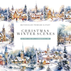 20 Aquarell Weihnachten Winter Szenen Clipart Bundle Sublimation Designs, digitaler Download, Png-Dateien, Sofort Download Aquarell Clipart