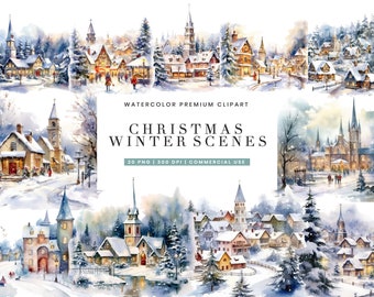 20 Watercolor Christmas Winter Scenes Clipart Bundle Sublimation Designs, Digital Download, Png Files, Instant Download Watercolor Clipart