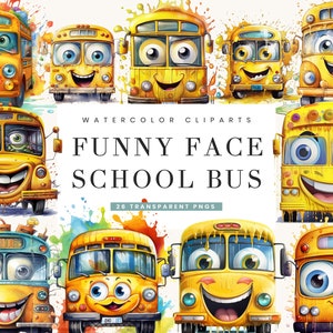 Paquete de 26 imágenes prediseñadas de autobús escolar de caras divertidas de acuarela, Descarga digital, Papel digital, Planificador digital, Descarga instantánea, Impresiones digitales,