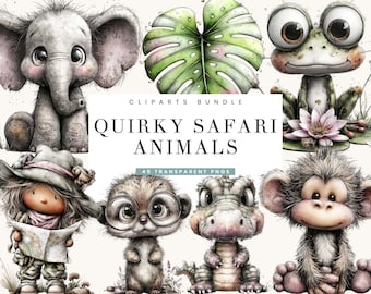 May include: A collection of whimsical safari animal cliparts, including an elephant, frog, monkey, and crocodile. The text "QUIRKY SAFARI ANIMALS" is displayed, along with "45 TRANSPARENT PNGS". The illustrations feature soft colors and a cartoon style.