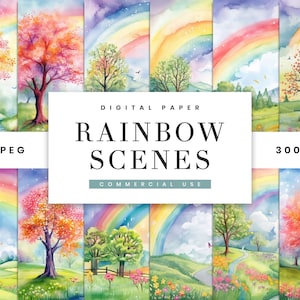Könnte beinhalten: Ein Set mit 27 digitalen Papieren mit Aquarell-Illustrationen von Regenbogen-Szenen mit Bäumen und Blumen. Die Papiere haben eine Auflösung von 300 DPI und sind perfekt für kommerzielle Zwecke.