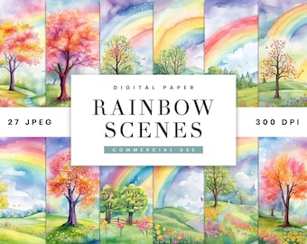 May include: A set of 27 digital papers featuring watercolor illustrations of rainbow scenes with trees and flowers. The papers are 300 DPI and perfect for commercial use.