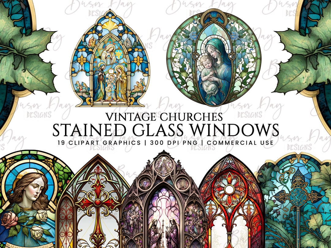 Watercolor Vintage Church Windows Clipart, Clipart Bundle, Commercial