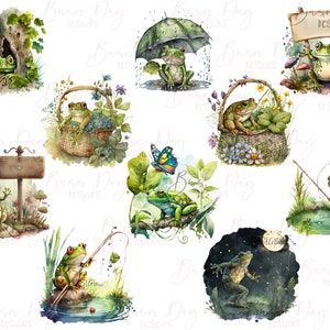 May include: A set of ten watercolor illustrations featuring frogs in various settings. The frogs are depicted in different poses, including sitting, standing, and fishing. The illustrations are surrounded by greenery, flowers, and other natural elements.
