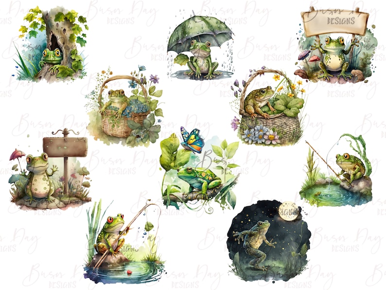 May include: A set of ten watercolor illustrations featuring frogs in various settings. The frogs are depicted in different poses, including sitting, standing, and fishing. The illustrations are surrounded by greenery, flowers, and other natural elements.