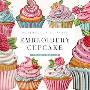 17 acuarelas bordadas Cupcake Clipart Bundle Arte imprimible Diseños de sublimación Descarga digital Arte de pared Descarga instantánea Archivos Png