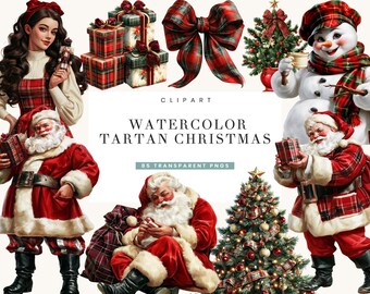 May include: A digital clipart collection titled Watercolor Tartan Christmas featuring 85 transparent PNGs. The set includes illustrations of Santa Claus, a snowman, Christmas trees, gift boxes, and a large red tartan bow.