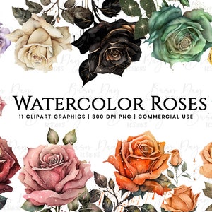 11 Watercolor Roses Floral Clipart Bundle, Watercolor Flowers Roses Bouquets and Separate Elements Digital Download Clipart PNG