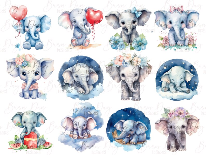 Puede incluir: Doce ilustraciones de acuarela de elefantes beb&eacute;s en varias poses. Cada elefante lleva un accesorio diferente, como una corona de flores, un lazo o una estrella. Las ilustraciones est&aacute;n sobre un fondo blanco.